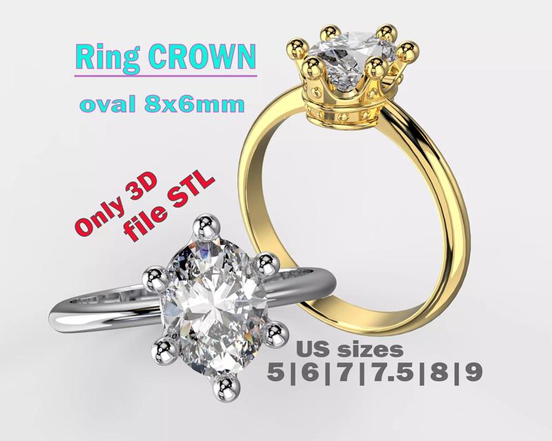 Jewelry Ring princess crown with oval 8x6 Printable STL