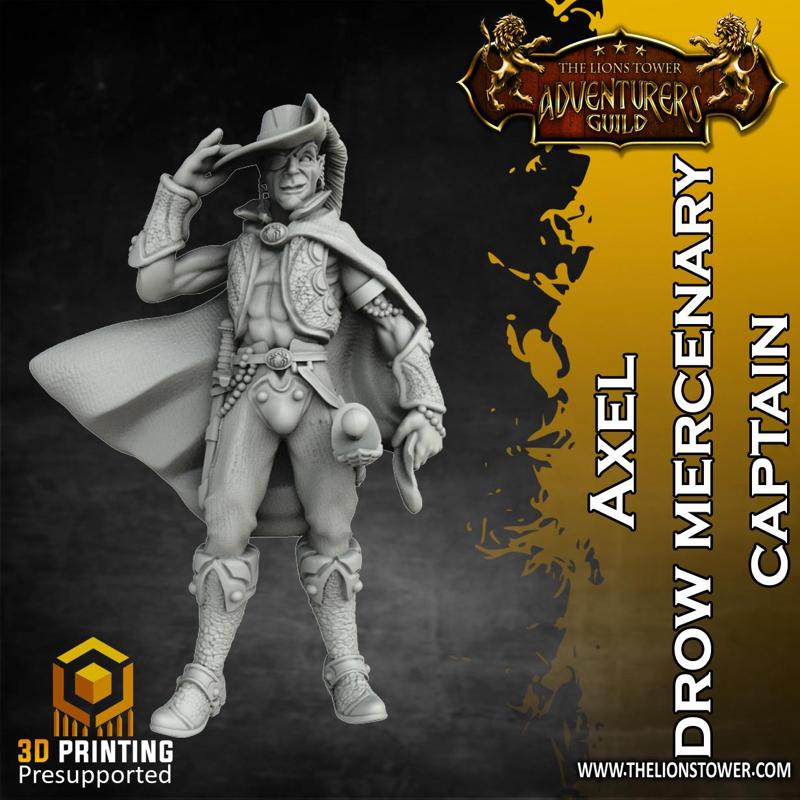 Allies and Enemies - Axel, Drow Mercenary Captain (32mm scale, Pre-supported Miniature)
