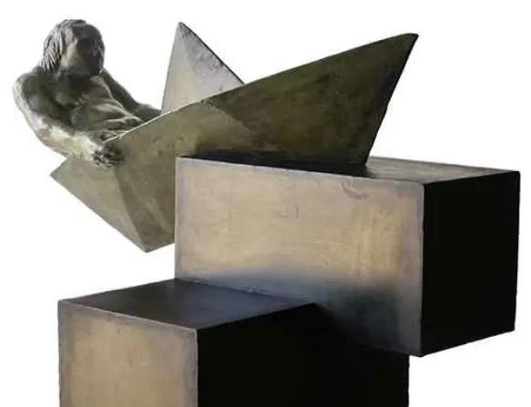 Man riding a paper boat "Argonauta" by Amancio González   