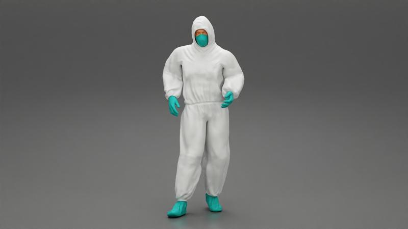 man wearing antivirus suit standing