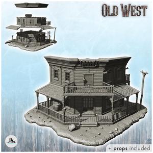 Western bank building in corner with balcony (+ props) (25) - Cowboy USA America ACW American Civil War History Historical