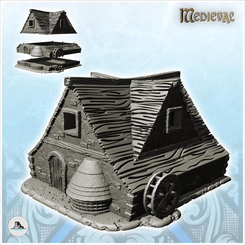 Wooden roofed mill with water wheel and floor (17) - Medieval Feudal Old Archaic Saga 28mm 15mm