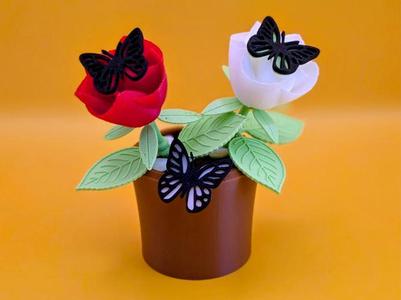Beautiful Flower with Pot and Magnetic Butterflies