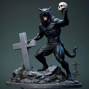 2007 Howling Werewolf with Skull - 3D Printed Statue, magic, dragon, serpent, mask, gnome, gorgon, venetian carnival, wild, fox, monster, cat, fair, witch, witch, werewolf, horror, beast, snake, troll, skeleton dance
