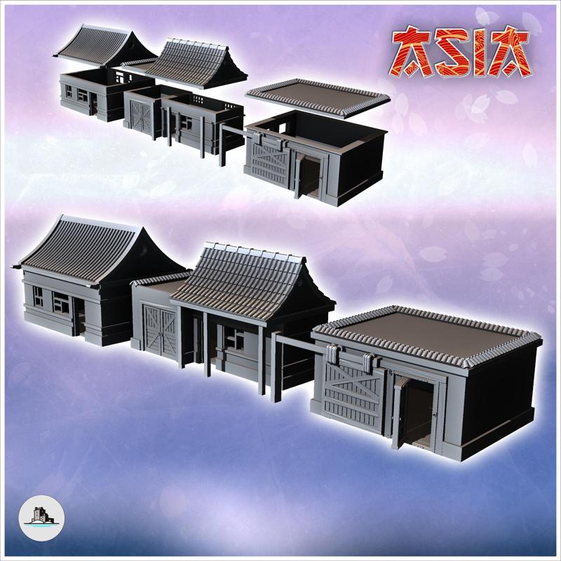 Set of three Asian wooden houses with curved tile roof (2) - Asian Asia Oriental Angkor Ninja Traditionnal RPG Mini