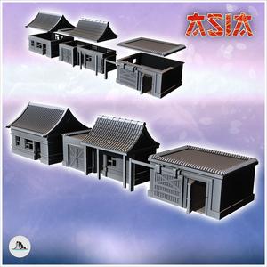 Set of three Asian wooden houses with curved tile roof (2) - Asian Asia Oriental Angkor Ninja Traditionnal RPG Mini