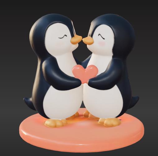 Penguin Couple with Heart - 3D Model for Valentine's Day