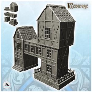 Large medieval half-timbered building with suspended storey and platform with balustrades (11) - Medieval Gothic Feudal Old Archaic Saga 28mm 15mm RPG