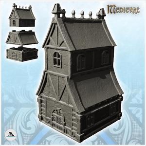 Large half-timbered building with high roof and top spikes (28) - Medieval Feudal Old Archaic Saga 28mm 15mm