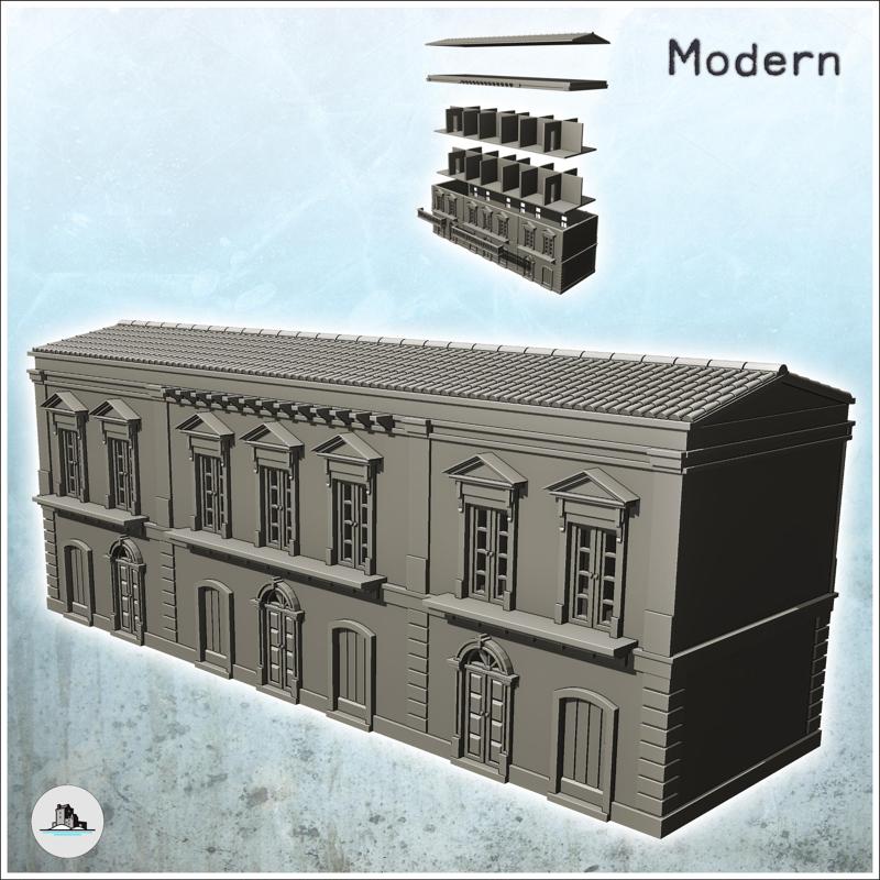 Long building with tile roof and long balcony (1) - Modern WW2 WW1 World War Diaroma Wargaming RPG Mini Hobby