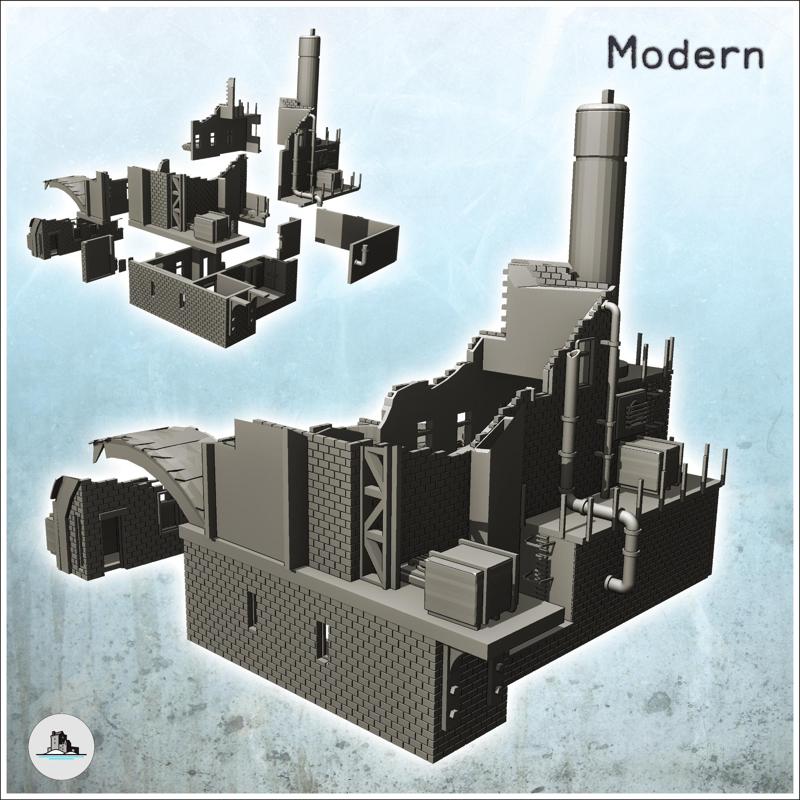 Modern brick factory with large chimney and access arch (destroyed version) (3) - Modern WW2 WW1 World War Diaroma Wargaming RPG Mini Hobby