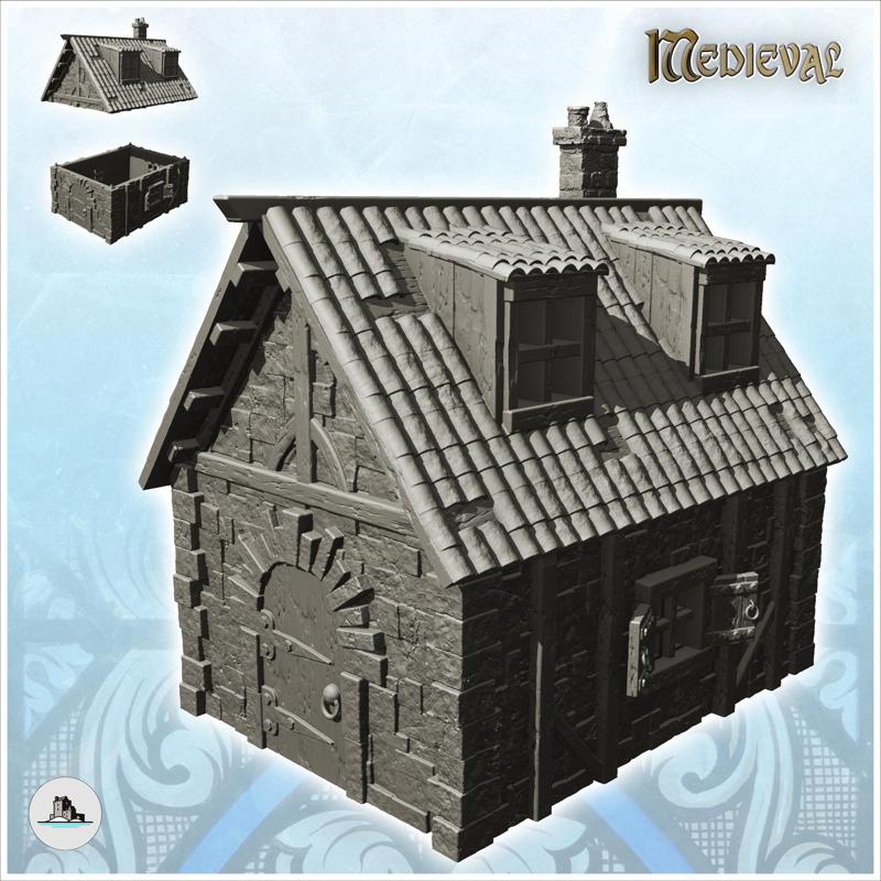 Medieval stone house with tiled roof and double roof windows (8) - Medieval Gothic Feudal Old Archaic Saga 28mm 15mm