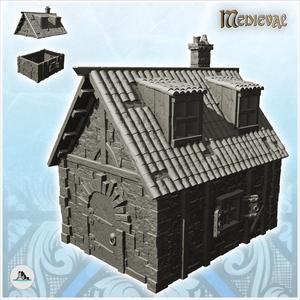 Medieval stone house with tiled roof and double roof windows (8) - Medieval Gothic Feudal Old Archaic Saga 28mm 15mm