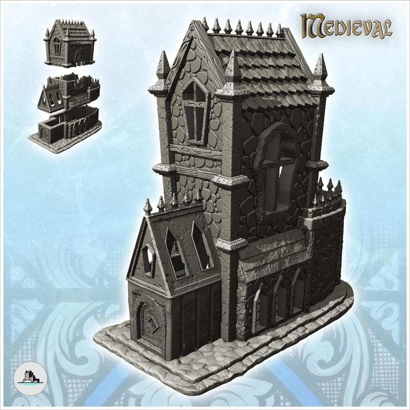 Medieval Gothic building with large stone tower and roof spikes (11) - Medieval Gothic Feudal Old Archaic Saga 28mm 15mm RPG