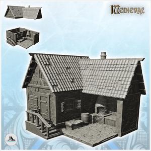 Medieval blacksmith's workshop with outdoor forge under canopy and access stairs (4) - Medieval Gothic Feudal Old Archaic Saga 28mm 15mm