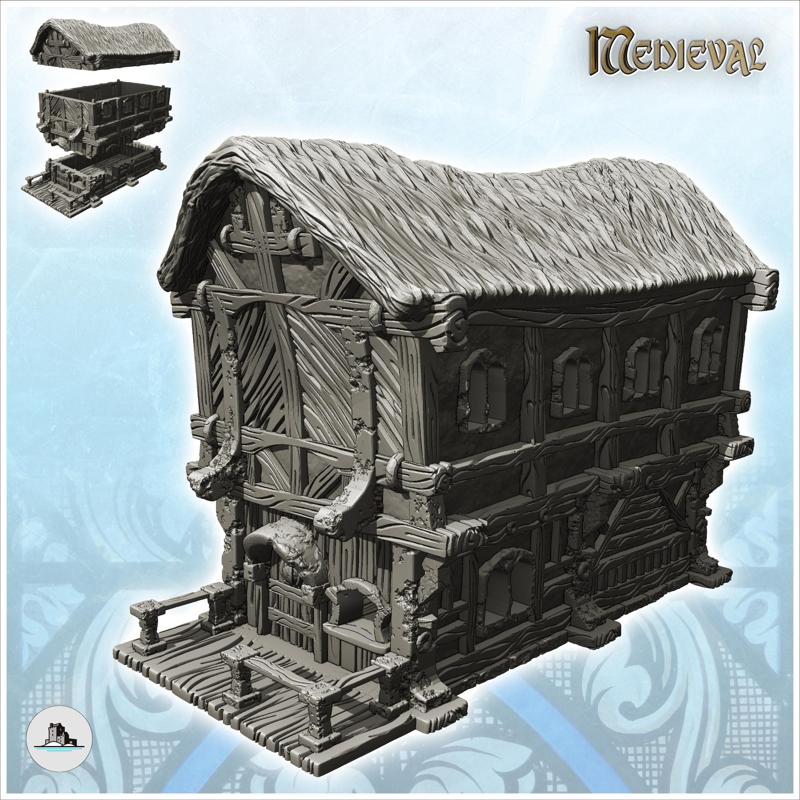Medieval building with rounded thatched roof and terrace at the entrance (13) - Medieval Gothic Feudal Old Archaic Saga 28mm 15mm RPG