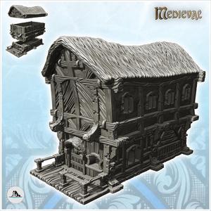 Medieval building with rounded thatched roof and terrace at the entrance (13) - Medieval Gothic Feudal Old Archaic Saga 28mm 15mm RPG