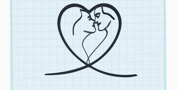Couple silhouette in heart shape, romantic frame, man woman kiss continuous line
