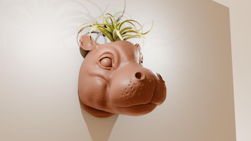 baby hippo calf head wall mount planter pot flower vase stl