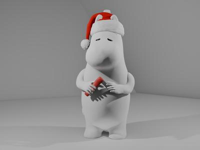 Moomintroll with a santa hat holding a knife