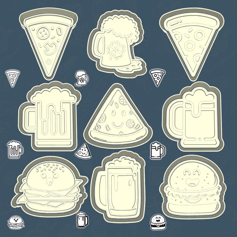 Food & drinks cookie cutters - pizza, burgers & brew set / bundle - 9 pieces