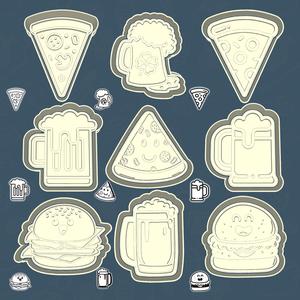 Food & drinks cookie cutters - pizza, burgers & brew set / bundle - 9 pieces