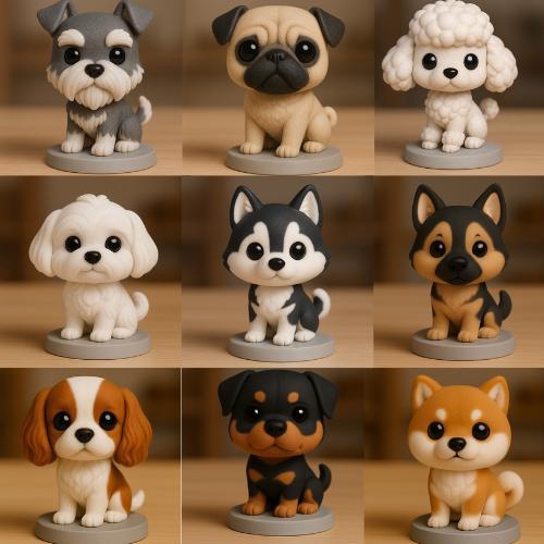 Colección de 13 figuras de diferentes razas de perros estilo chibi pack of 13 dogs figures in chibi style San Bernardo Doberman Chihuahua bulldog Schnauzer pug caniche maltés husky pastor alemán cavalier rottweiler shiba inu