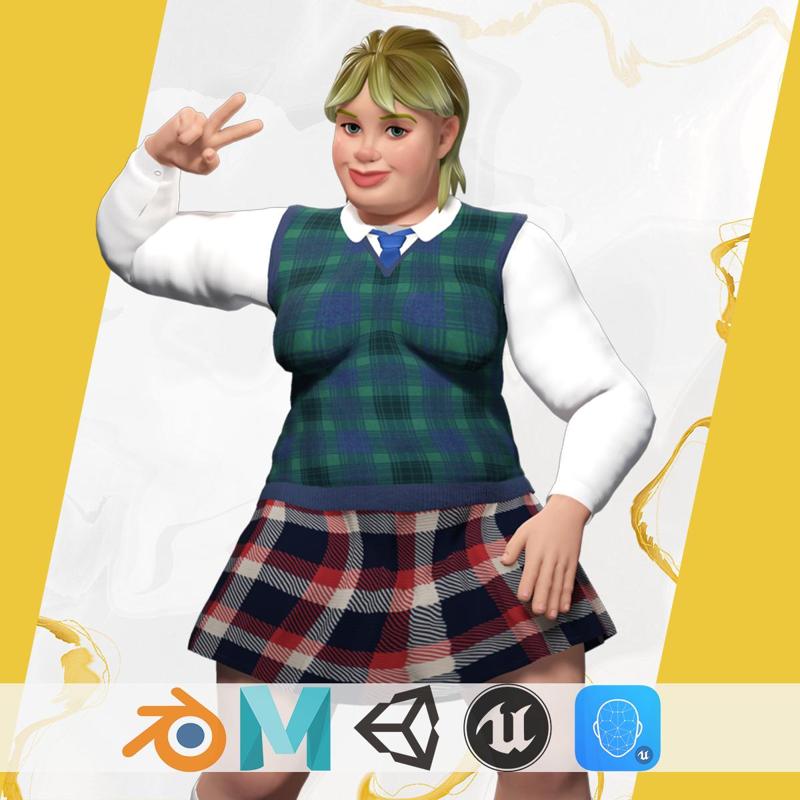 Plus-Size cartoon Student Girl with Uniform 3D Model