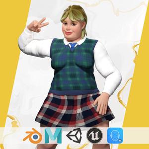 Plus-Size cartoon Student Girl with Uniform 3D Model