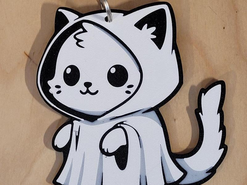 Cute cat in Ghost costume decor or (keychain)