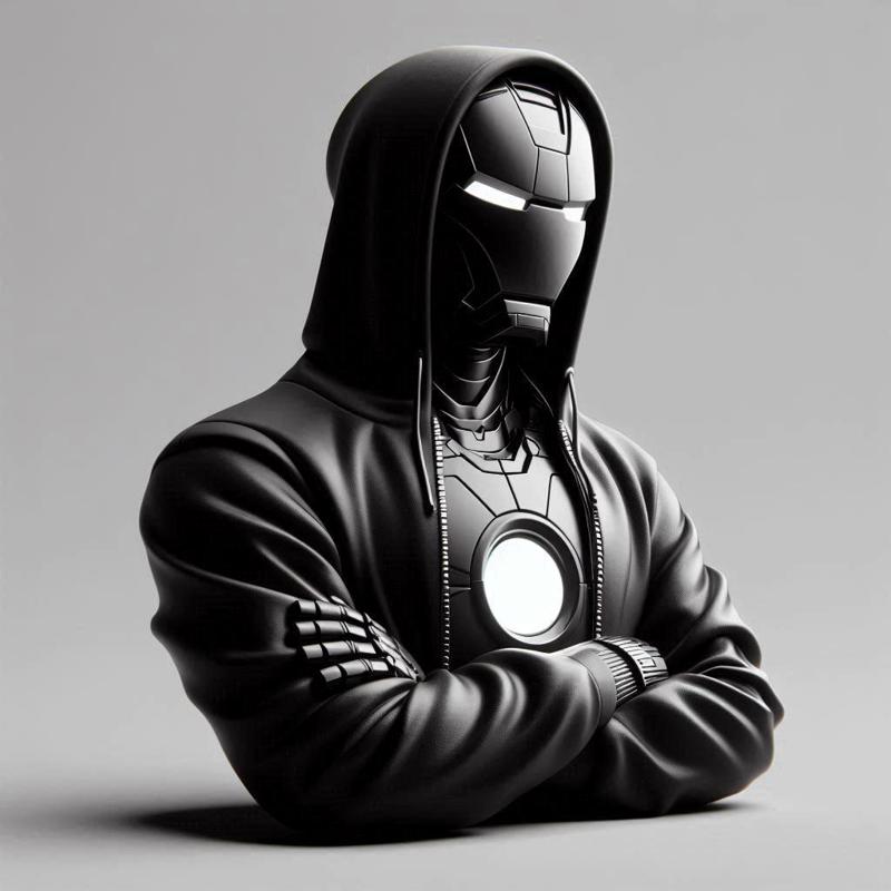 Iron man in hoodie bust with arms crossed