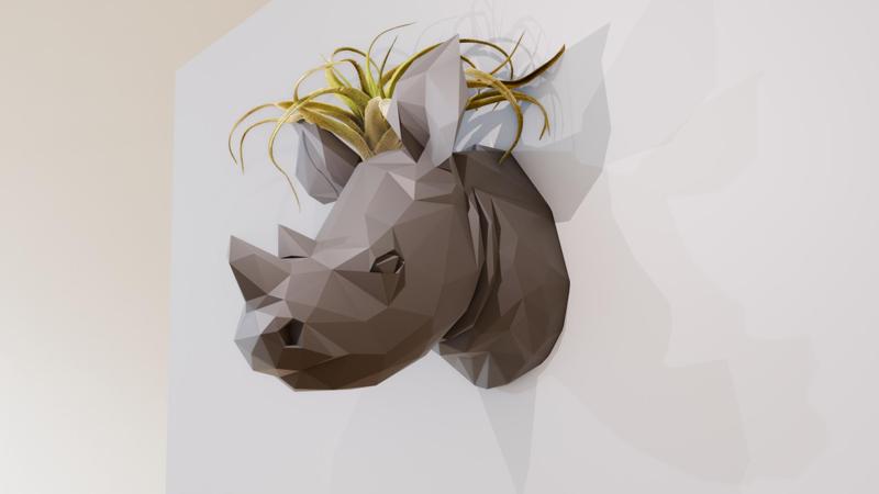 baby rhino head wall mount planter pot low poly stl