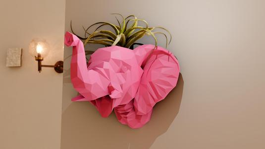 baby elephant head wall mount planter trunk up pot flower vase low poly stl