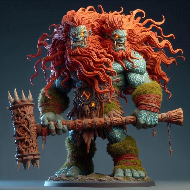 1484 Two-Headed Roaring Norwegian Troll - 3D-Printed Ivory-Style Statue, fantasy, wood, base, sword, warrior, wild, low poly, dragon, dnd, cat, monster hunter, monster, dog, godzilla, fair, totem