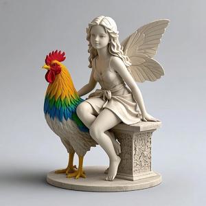 1409 Colorful 3D Model of a Fairy Playing with a Rooster on Base, magic, witch, werewolf, fantasy, wood, base, sword, warrior, wild, dnd, cat, monster, dog, fair, lion, lion, fox, faun, rooster, beast