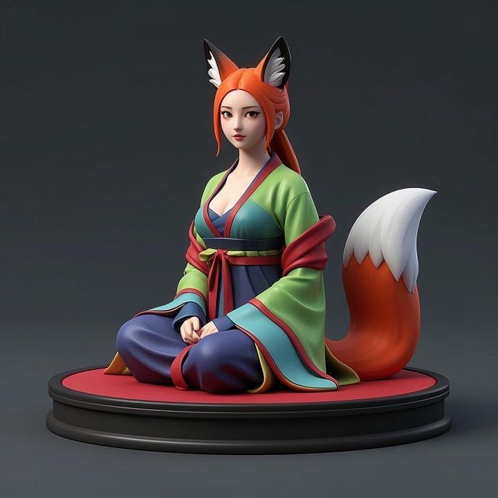 1413 COLORFUL Fox Spirit Woman in Pu Song Ling Style, beast, magic, creature, fantasy, wood, base, sword, warrior, wild, cat, monster, fox, godzilla, fair, witch, werewolf, horror, beast, gothic, troll