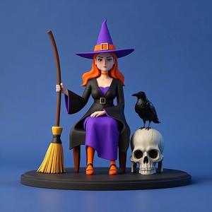 1652 Elegant Witch with Broom, Raven and Skull - Colorful Full-Body Figurine, magic, creature, fantasy, wood, gnome, gorgon, warrior, wild, fox, monster, cat, dog, fair, witch, werewolf, horror, beast, gothic, troll