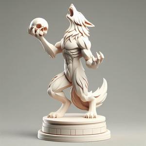 591 Totemic Werewolf Howling with Skull - Full-Body 3D Model, sculpture, statue, creature, low poly, collectible, wood, sword, base, warrior, wild, dog, dragon, dragon, dnd, cat, monster hunter, monster, totem, totemic