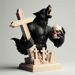 819 Ivory Werewolf Howling with Skull - 3D Model, magic, creature, fantasy, wood, base, sword, warrior, wild, cat, monster, dog, godzilla, fair, witch, werewolf, horror, beast, gothic, troll