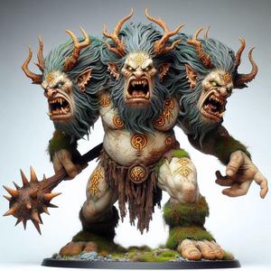 679 Three-Headed Troll - 3D-Printed Fantasy Statue with Club, character, sculpture, statue, creature, low poly, collectible, wood, sword, base, warrior, wild, dog, dragon, dnd, cat, monster hunter, monster, totem, totemic