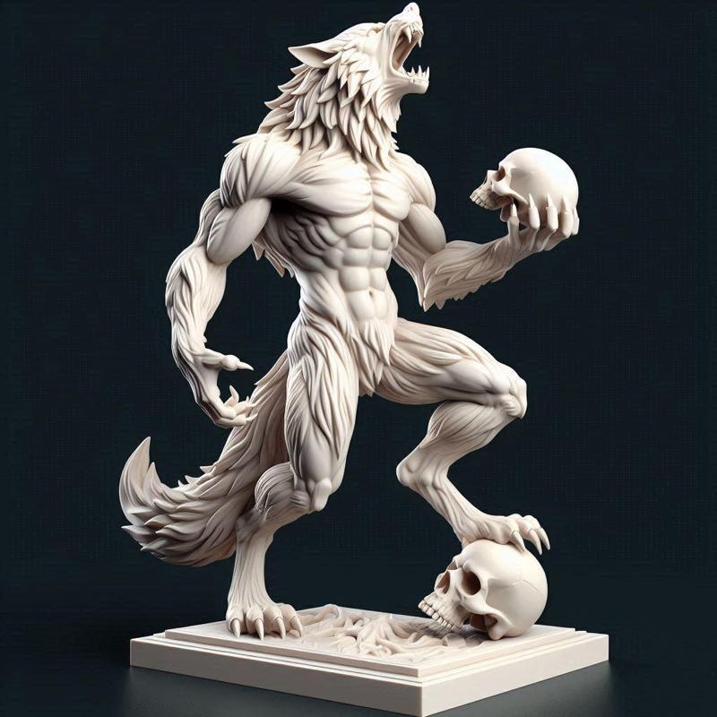 1792 Ivory Werewolf Howling with Skull - Minimalist Statue, magic, dragon, serpent, mask, gnome, gorgon, venetian carnival, wild, fox, monster, cat, fair, witch, werewolf, horror, beast, snake, troll, skeleton dance