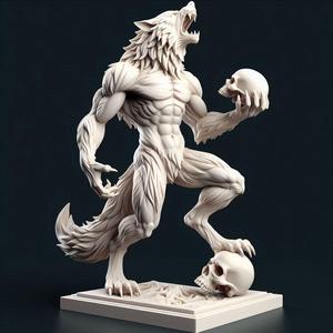 1792 Ivory Werewolf Howling with Skull - Minimalist Statue, magic, dragon, serpent, mask, gnome, gorgon, venetian carnival, wild, fox, monster, cat, fair, witch, werewolf, horror, beast, snake, troll, skeleton dance