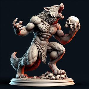 1758 COLORFUL Werewolf Howling with Skull - 3D Model, magic, fox, kung fu, shapeshifter, martial arts, fantasy, Pu Song Ling, warrior, mystic, legend, monster, fair, witch, werewolf, horror, beast, snake, troll, skeleton dance