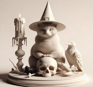 077 Witch Cat Composition - Skull, Raven & Candleholder on Shared Ivory Base, character, monster, fantasy, art, sculpture, model, animal, 3d model, statue, creature, magic, 3d print, collectible, cat, wood, dragon, sword, base, warrior, wild, dog