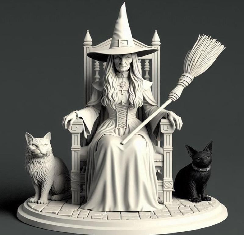 049 Ivory Witch on Chair with Cats - 3D Figurine, character, monster, fantasy, art, sculpture, model, animal, 3d model, statue, creature, magic, 3d print, collectible, cat, wood, dragon, sword, base, warrior, wild, dog