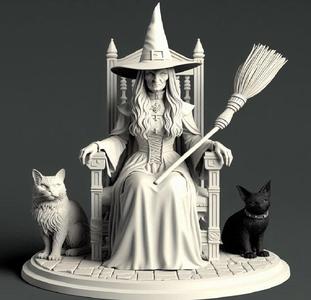 049 Ivory Witch on Chair with Cats - 3D Figurine, character, monster, fantasy, art, sculpture, model, animal, 3d model, statue, creature, magic, 3d print, collectible, cat, wood, dragon, sword, base, warrior, wild, dog