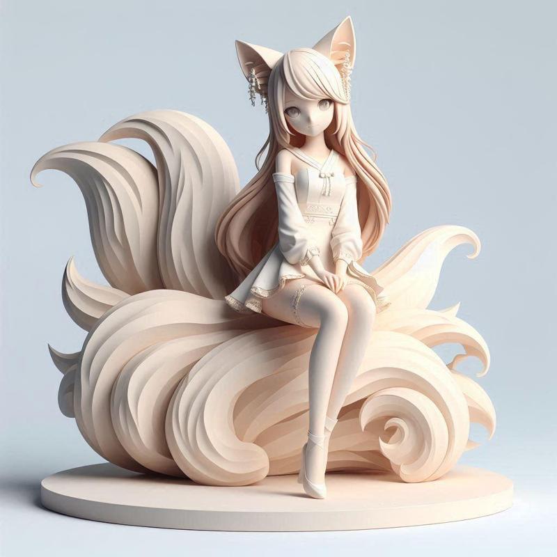 343 Fox Spirit Woman in Pu Song Ling Style, 3d model, statue, 3d print, magic, creature, sculpture, fantasy, art, dragon, wood, base, sword, warrior, wild, low poly, lion, monkey