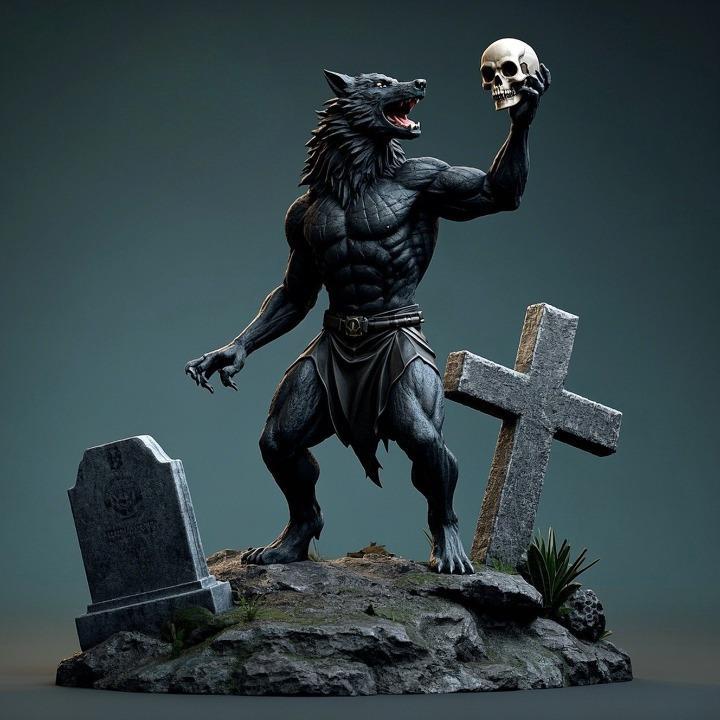 1878 Howling Werewolf with Skull - 3D Printed Statue, magic, dragon, serpent, mask, gnome, gorgon, venetian carnival, wild, fox, monster, cat, fair, witch, werewolf, horror, beast, snake, troll, skeleton dance