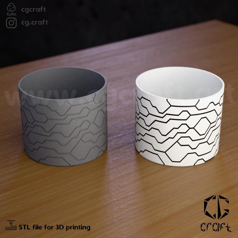 A pot with a tech pattern