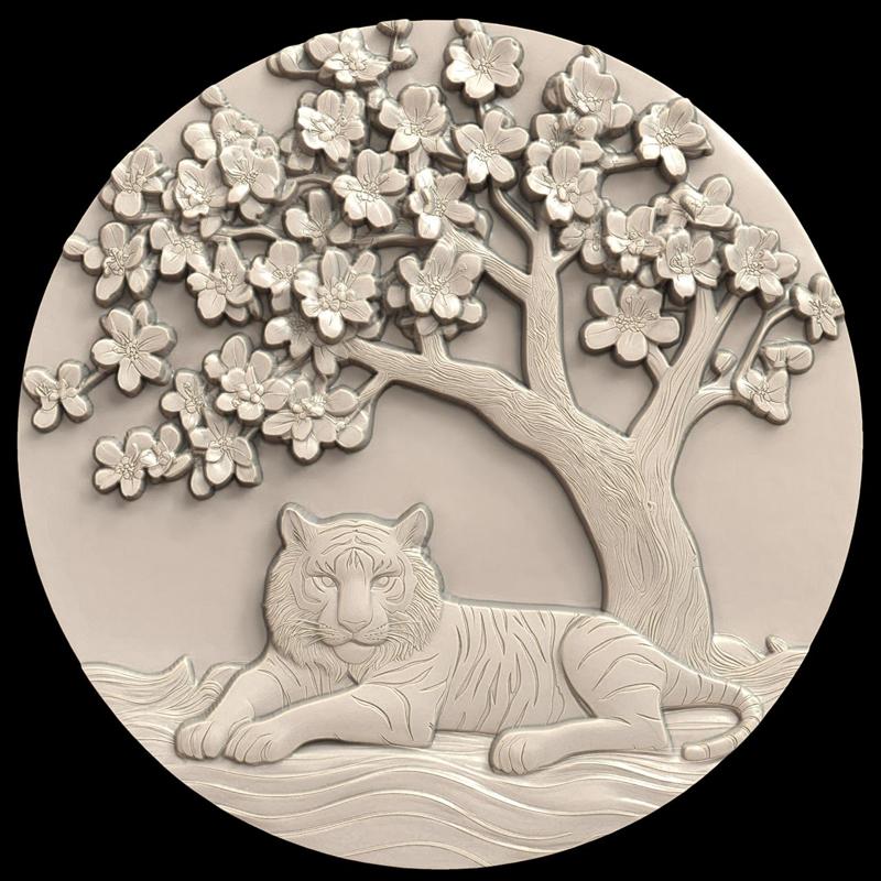 3D Model STL File for CNC Router/Laser & 3D Printer A Tiger Resting under a Tree with Cherry Blossoms